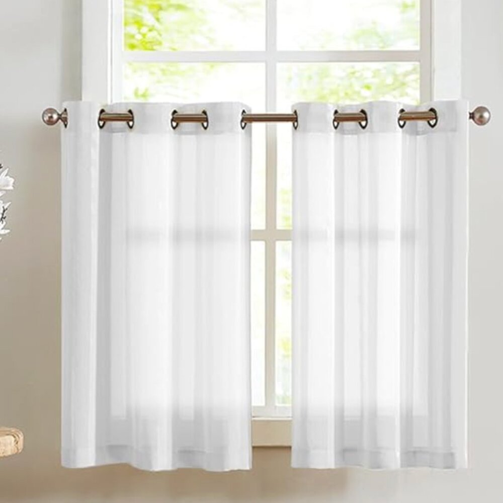 Eyelet Kitchen Curtains White striped Semi Sheer x 2 Panels Small window decor